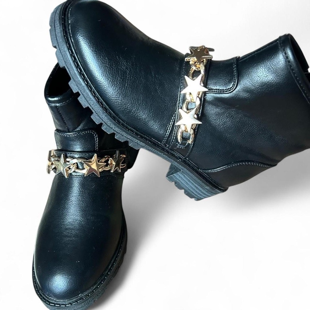 Kidpik Girls’ Moto Boots – Size 1 – Leather with Star Chain Detail